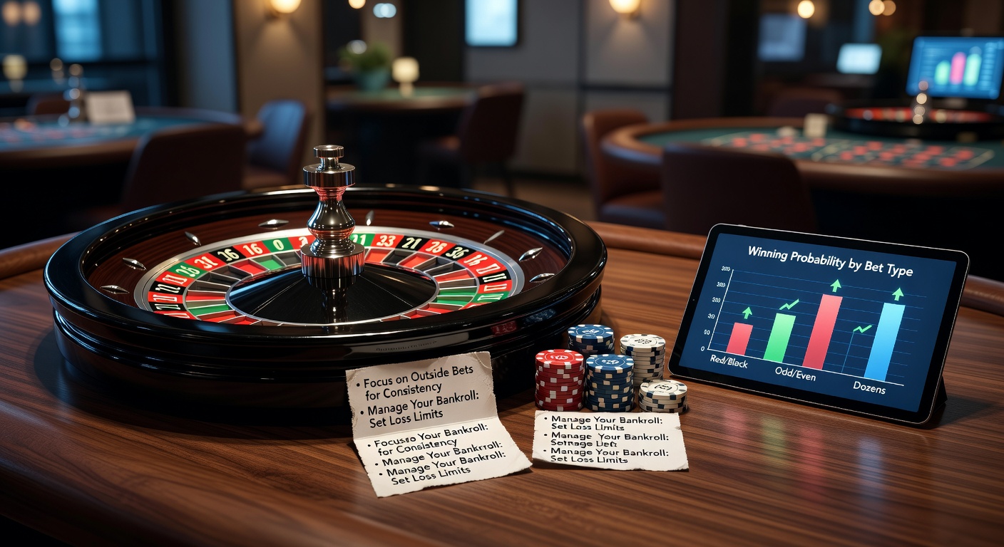 A vibrant roulette wheel spinning with chips stacked nearby, capturing the thrill of the casino floor